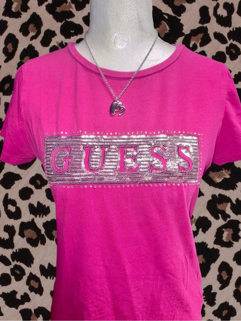 Guess Hot Pink Sequin Logo Tee with Silver Accents